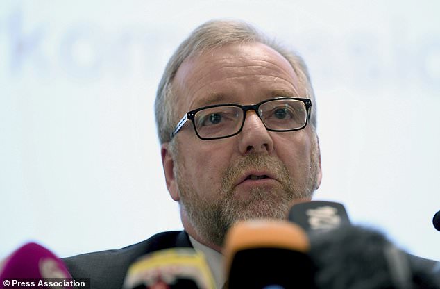 Oldenburg police chief Johann Kuehme speaks about the current investigations into the former nurse Niels Hoegel in Oldenburg, Germany, Monday, Aug. 28, 2017. The nurse who was convicted of killing patients in Germany with overdoses of heart medication is now believed to have killed at least 84 people — and the true scale of the killings could be larger, investigators said Monday. Niels Hoegel was convicted in 2015 of two murders and two attempted murders at a clinic in the northwestern town of Delmenhorst. (Carmen Jaspersen/dpa via AP)