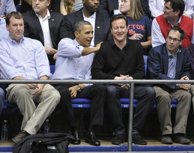 WORLD RIGHTS NO USA, FRANCE, AUSTRALIA - U. S. President Barack Obama and UK Prime Minister David Cameron watch Mississippi Valley State University play Western Kentucky in the first round of the NCAA Division I Men's Basketball Championship at the University of Dayton Arena in Dayton, Ohio, USA 13/03/2012 BYLINE UPI/BIGPICTURESPHOTO.COM: REF:938 (BK) USAGE OF THIS IMAGE OR COPY WRITTEN THAT IS BASED ON THE CAPTION, IS CONDITIONAL UPON THE ACCEPTANCE OF BIG PICTURES'S TERMS AND CONDITIONS, AVAILABLE AT WWW.BIGPICTURESPHOTO.COM STRICTLY NO MOBILE PHONE APPLICATION OR APPS USE WITHOUT PRIOR AGREEMENT